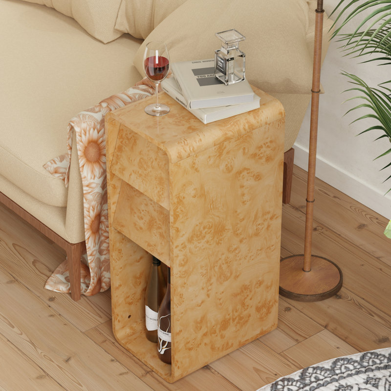 Modern Farmhouse Burl Finish End Table With 2 Drawers And Open Storage Light Wood, Light Yellow Wood