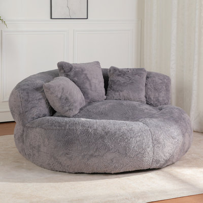 55" W Giant Adult Round Faux Fur Compression Foam Filled Bean Bag Sofa With 3 Back Pillows, No Assembly