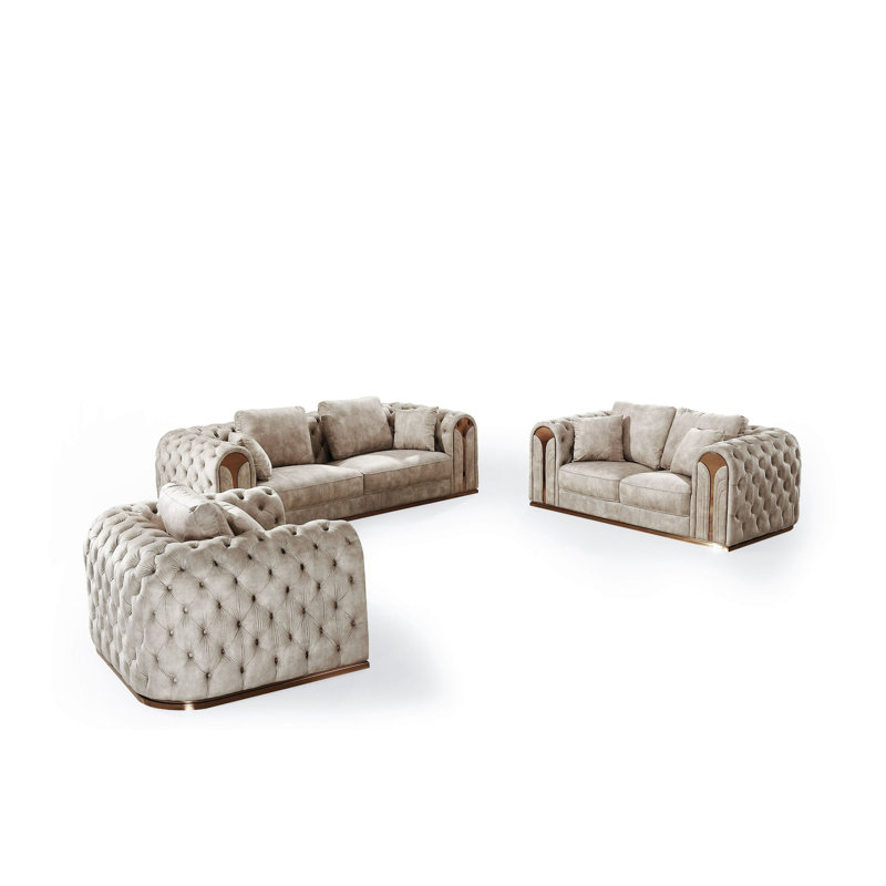 Ensemble de salon 3 pièces Khristy, Velours beige