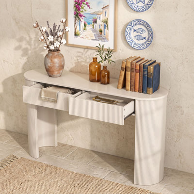 Console moderne cannelée avec 2 tiroirs dissimulés, table d'entrée ovale avec pattes en forme de colonne incurvée