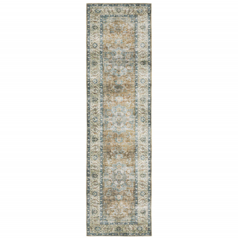DiBernardo Machine Washable Performance Non-Skid Blue/Green/Gold Rug Mat, Rectangle 7'6" x 10'