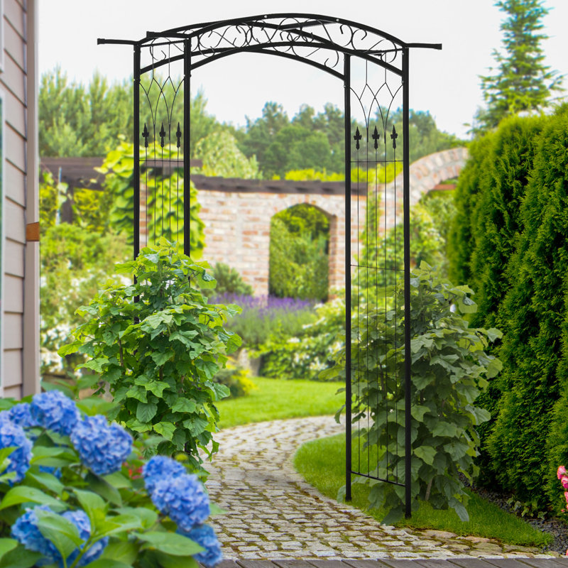 Treillis extérieur de 2,13 m (7 pi), en métal avec motif attrayant, pour cérémonies - Portail de jardin noir de 2,13 m (7 pi), au design séduisant.