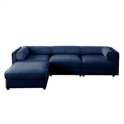 Elegant Blue Chenille  Sofa With Storage Seat And Ottoman, L-Shaped 3-Seater Cylindrical Backrest And Armrests, Contemporary 3-Seater Fabric Couch With Hidden Storage Compartment