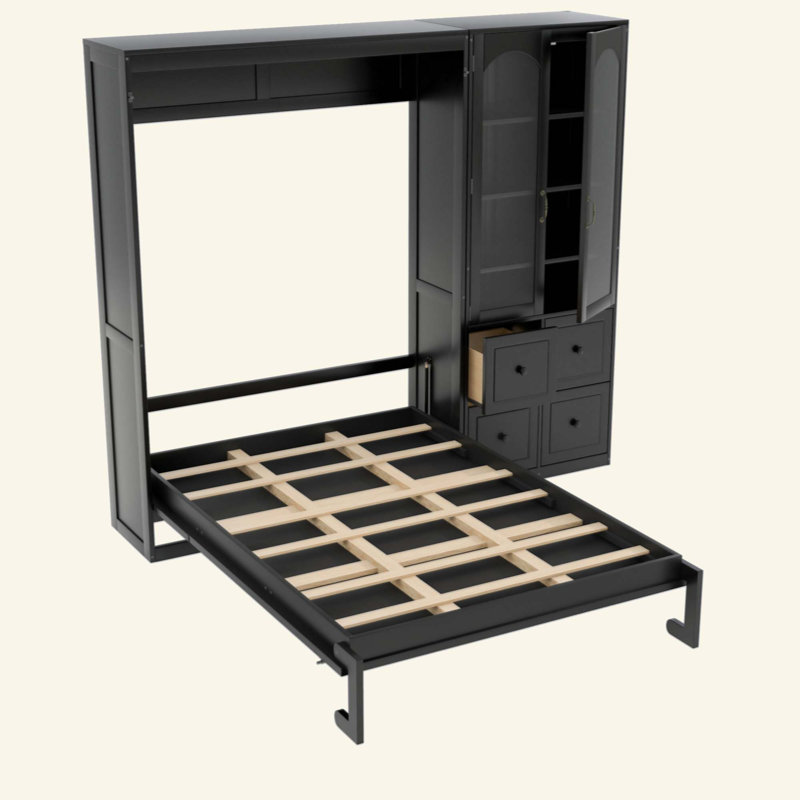 Lit escamotable avec armoire latérale réversible de gauche à droite, portes en acrylique, 4 tiroirs et armoires à tablettes de rangement multiples