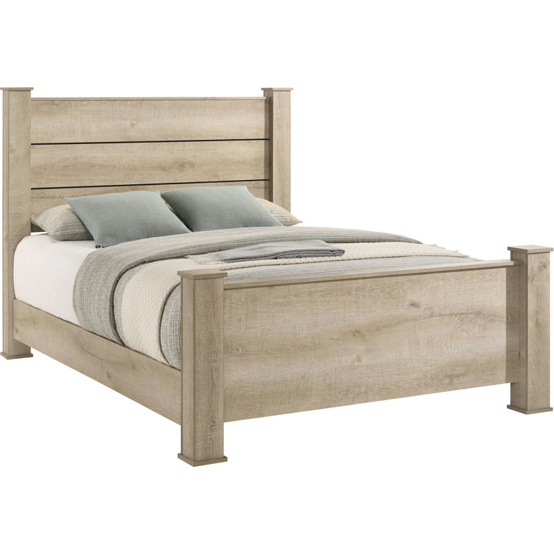 Grand lit à panneau avec finition en chêne patiné, poteaux carrés audacieux, lit de finition de chambre à coucher rustique, base solide de pieds de style colonne, élément décoratif