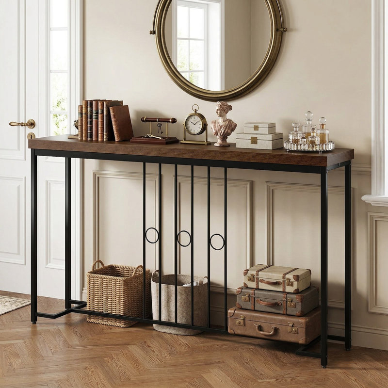 55" Industrial Style Console Table, Stable H-Shaped Reinforced Metal Base & Scratch-Resistant Waterproof Tabletop, Anti-Tip Design Suitable For Entryway, Living Room