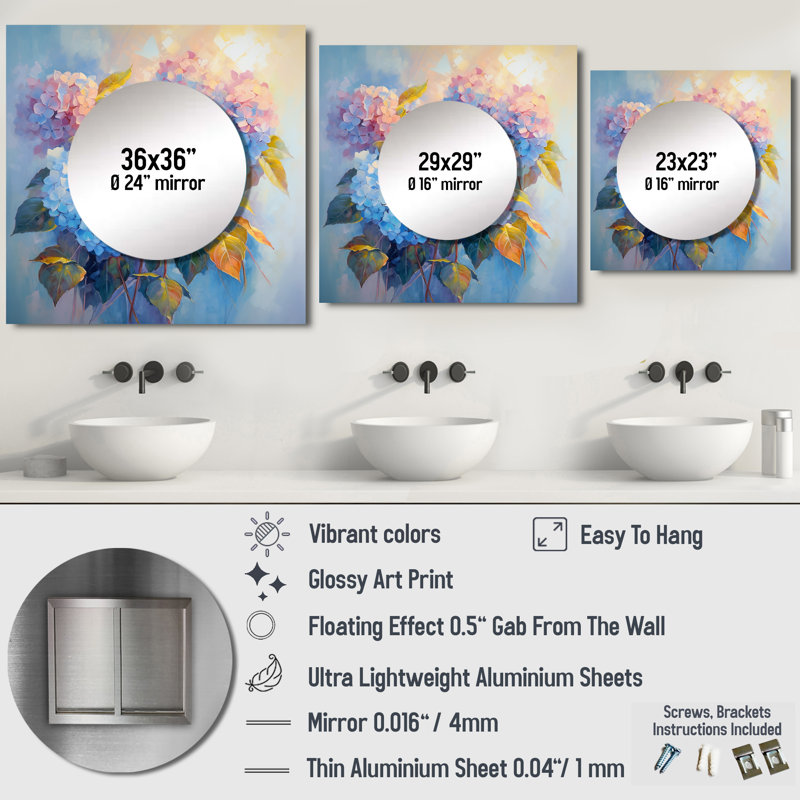 Pandra - miroir carré d'hortensia pour décoration murale, 29 po x 29 po