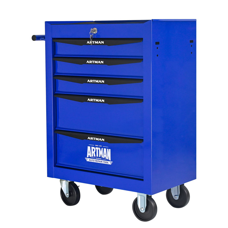 Coffre à outils roulant en métal avec 5 tiroirs, Noir / Bleu