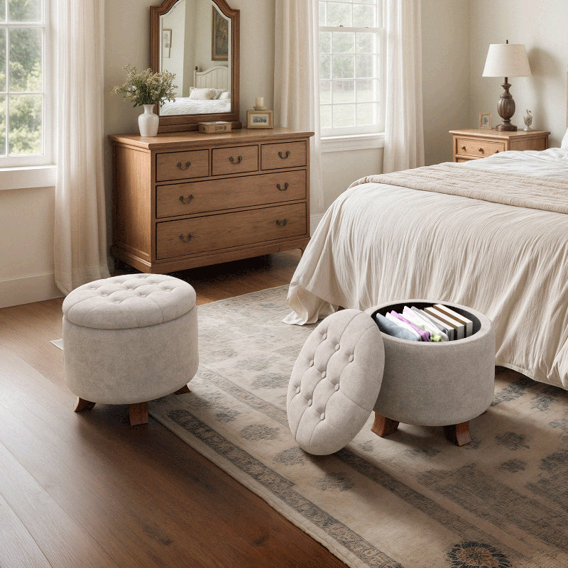 Storage Ottoman With Padded Seat, Modern Cotton-Linen Footrest, Round Stool For Living Room Bedroom, Greige