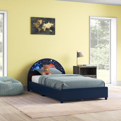 Laffoon Kids Upholstered Platform Bed Children Twin Size Wooden Bed Galaxy Pattern