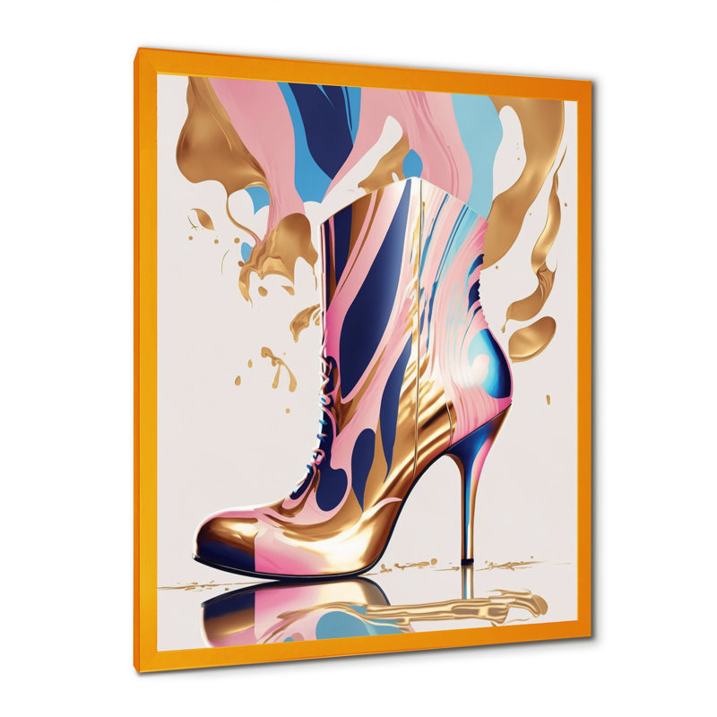 Rose et bleu déco, bottes à talons hauts III - Impression sur toile, H 32 po x l 16 po x P 1 po, Encadrement doré