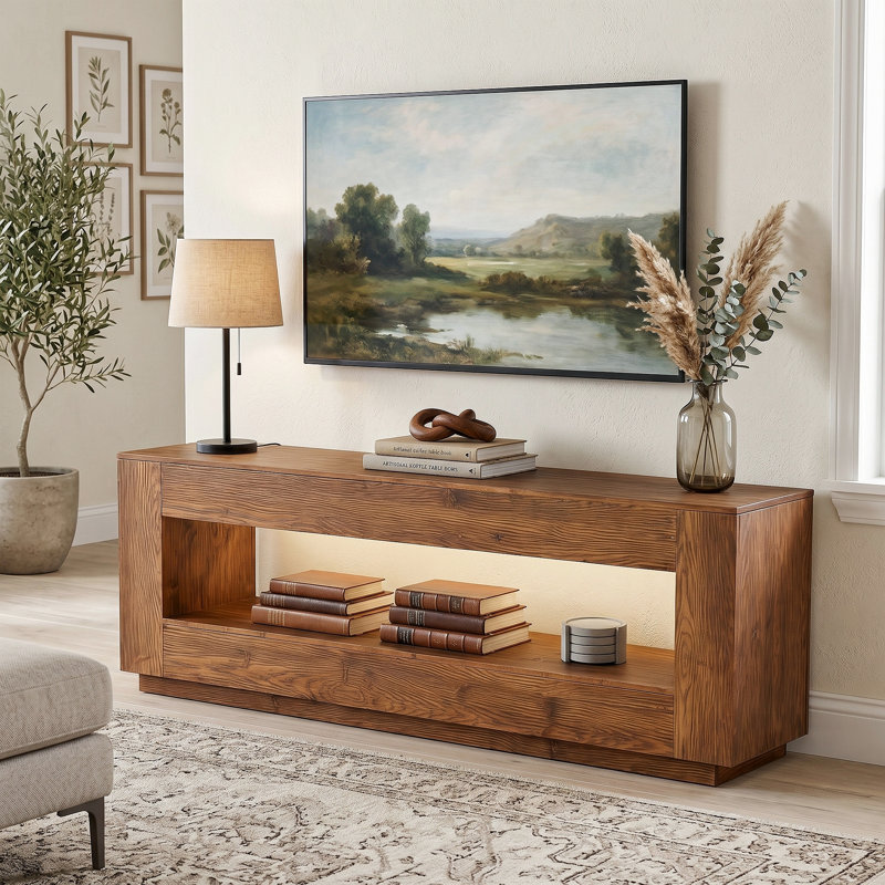 Meuble télé 70,86 po en bois massif pour téléviseur de 75 po ou moins, console multimédia avec tablette de rangement ouverte pour le salon