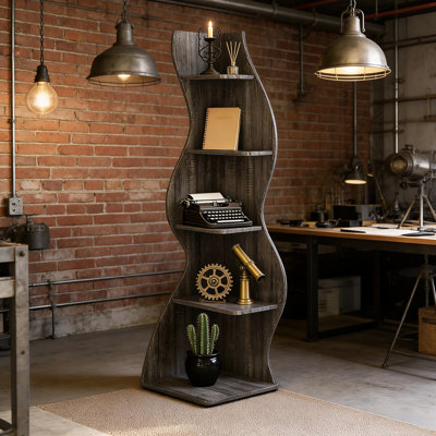 Bibliothèque d'angle à 5 niveaux en bois gris avec une construction solide et un profil élégant pour un look dans n'importe quel espace de vie ou de travail. Une solution élégante et pratique pour votre bureau