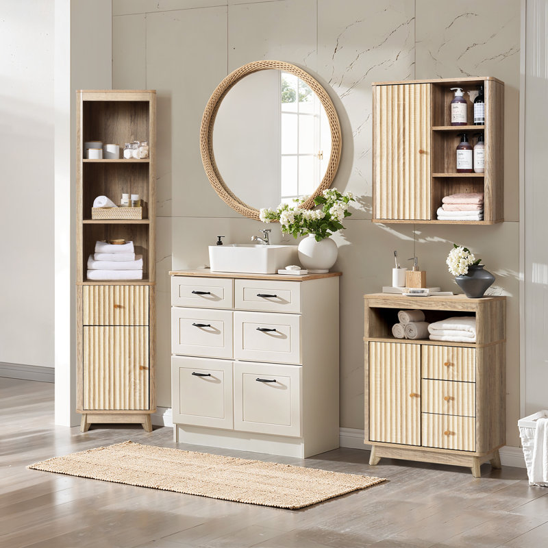 Natural Finish Wave-Patterned Manufactured Wood 3-Drawer 1-Door Bathroom Storage Cabinet