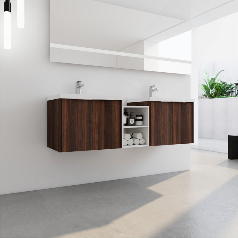 Meuble-lavabo à fermeture en douceur 60 po avec lavabo et petites tablettes de rangement, Walnut