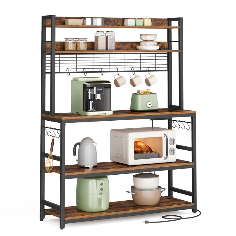 66.9''H 5-Tier Baker’s Rack with Power Outlet & Adjustable Shelf, 66.9'' H x 39.4'' W x 15.7'' D, Rustic Brown/Black
