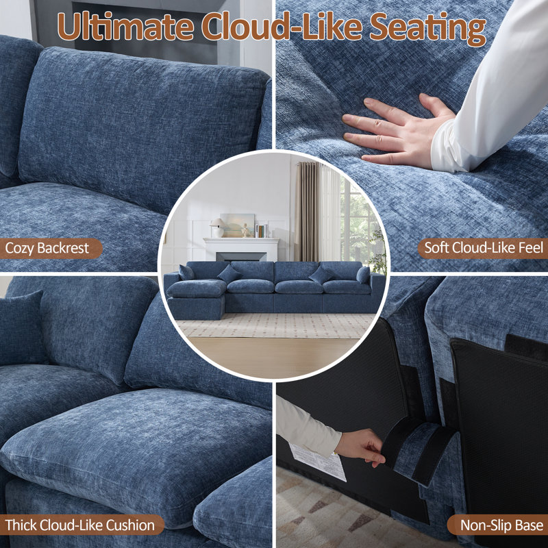 Compression Sectional Couch with Ottoman, Blue Chenille, 5