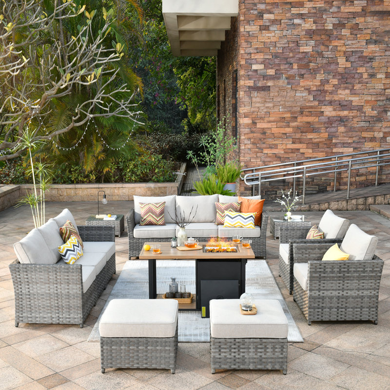 Belby Premium All-Weather Wicker 10 - Person Modular Patio Conversation Set with Cushions, Ivory