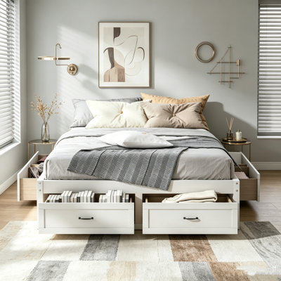 Wood Bed with 6 Storage Drawers