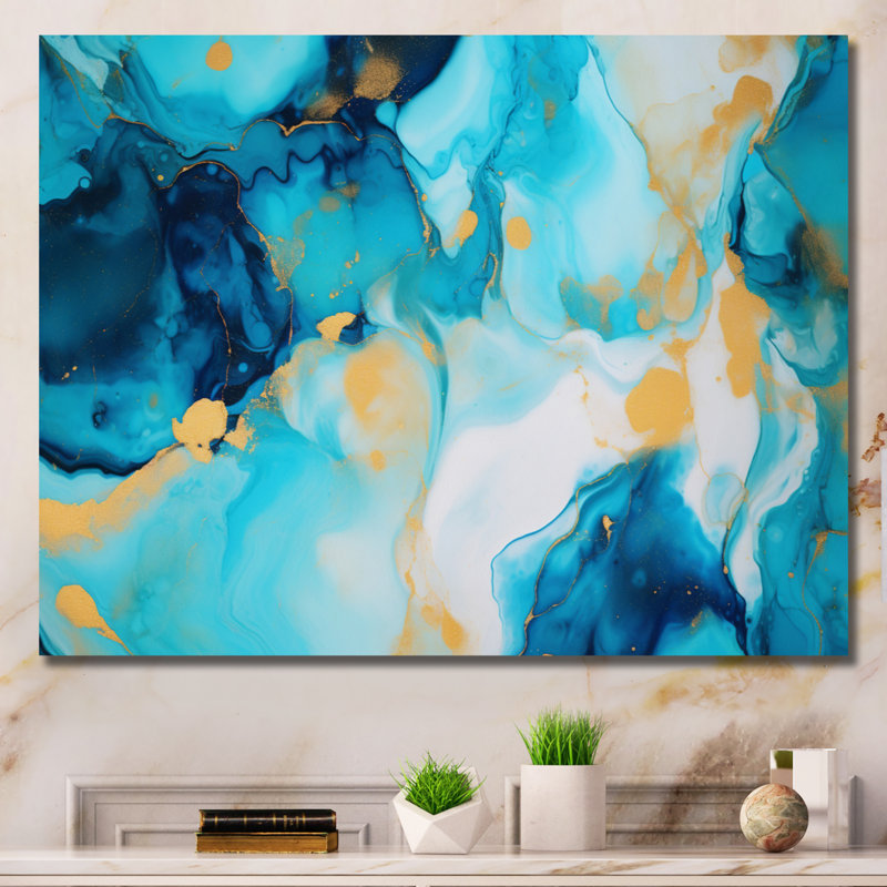 Turquoise luxueux, art fluide abstrait sur toile, H 30 po x l 40 po x P 1,5 po, Toile tendue