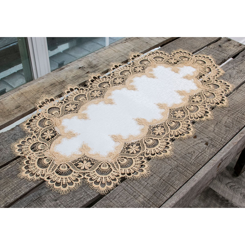 Colfontaine Gold European Lace Antique Lace Table Runner, 27" x 14"