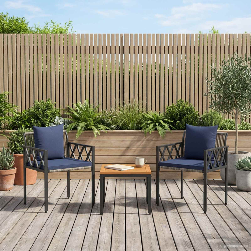  Outdoor Furniture Set with Cushion Poly Rattan Acacia Wood Table Patio, Navy Blue