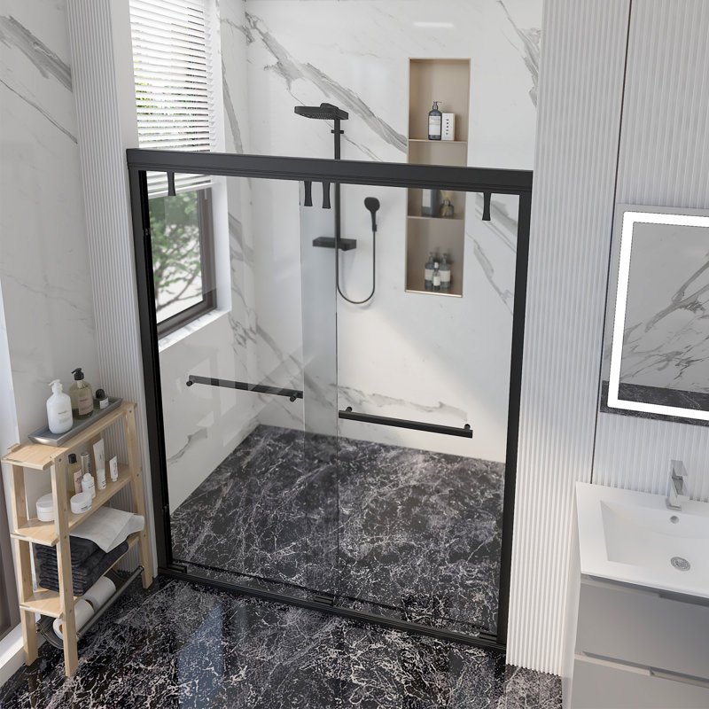 44''-48'' W X 71'' H Double Sliding Semi-Frameless Shower Door With  0.24"(6mm) Tempered Glass，Stainless Steel Accessories