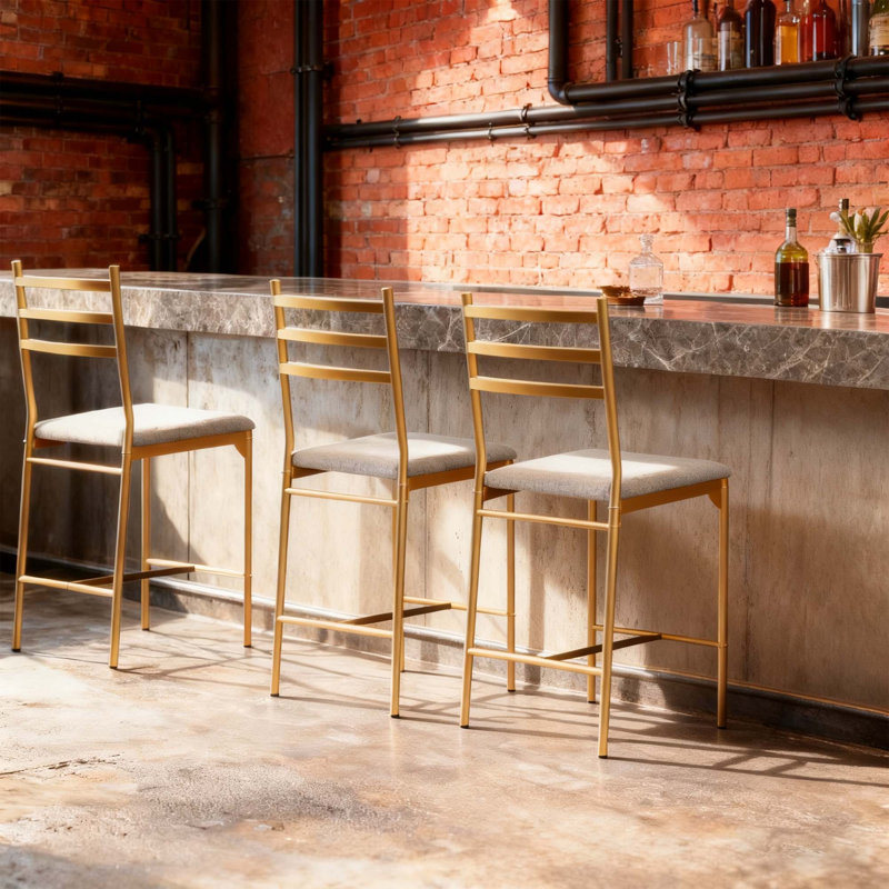 Counter Height Bar Stools with PU Upholstered Seat and Metal Frame for Kitchen Island, Counter Bar, Dining Room, Gray, Gold