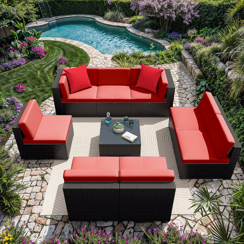 8-Persons Rattan Patio Furniture Conversation Set Outdoor Sectional Sofa for Backyard, Red
