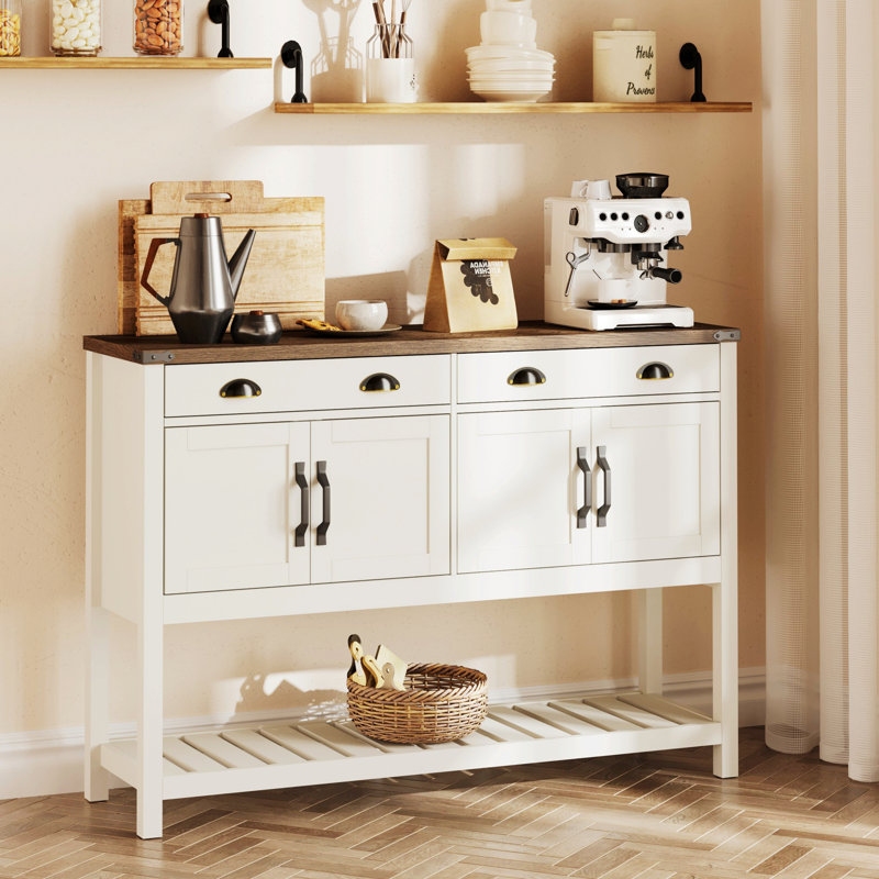 Console Modern Farmhouse avec deux tiroirs, armoire à quatre portes, tablettes réglables et tablette de présentation à lattes