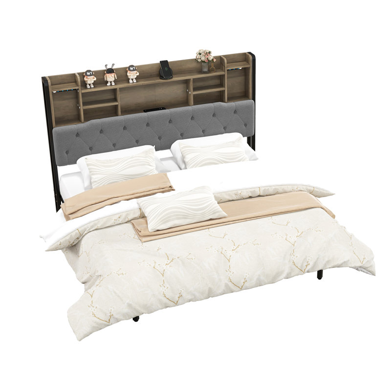 Upholstered Platform Bed with Storage Headboard and LED Lights, Gray, Full / Double