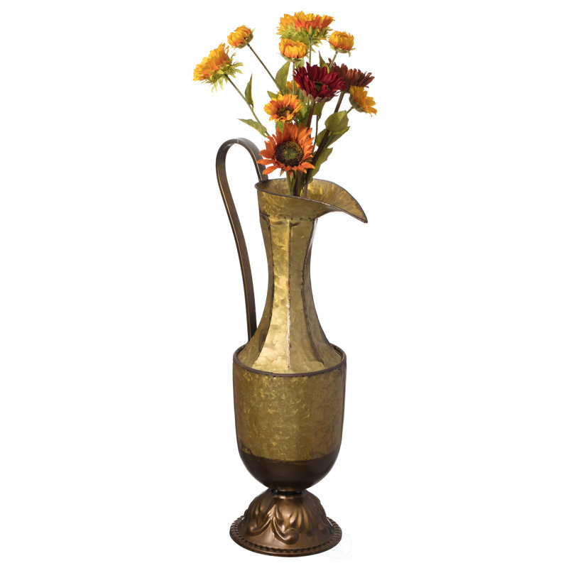 Antique Style 1 Handle Metal Jug Tall Floor Vase For Entryway, Living Room Or Dining Room, 26.25" H x 13" W x 8.75" D