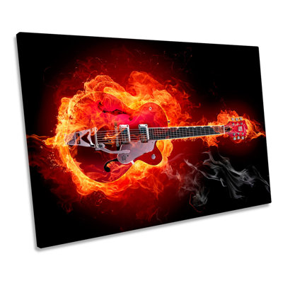 Flaming Rock Music Guitar - Wrapped Canvas Print