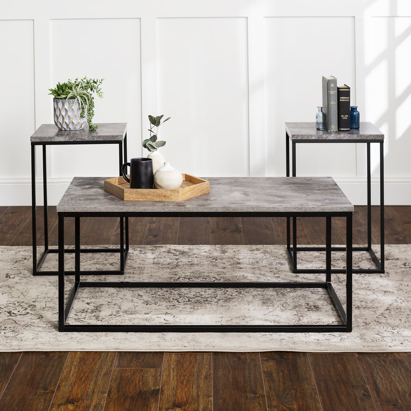 Ensemble de 3 tables d’appoint à boîte ouverte, Béton foncé, Noir