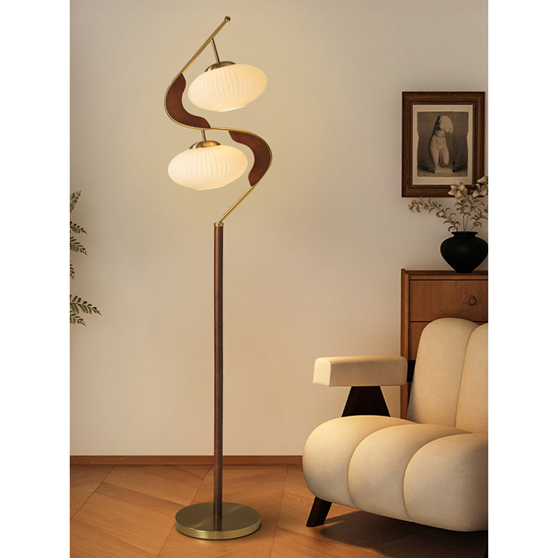 French Vintage-Style Solid Wood, Iron & Glass Floor Lamp