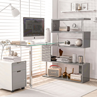 Bureau convertible en forme de L 3 en 1 avec station de travail en verre roulante, bibliothèque à plusieurs niveaux combinée, roulettes verrouillables mobiles, table d'écriture de bureau gris lustré