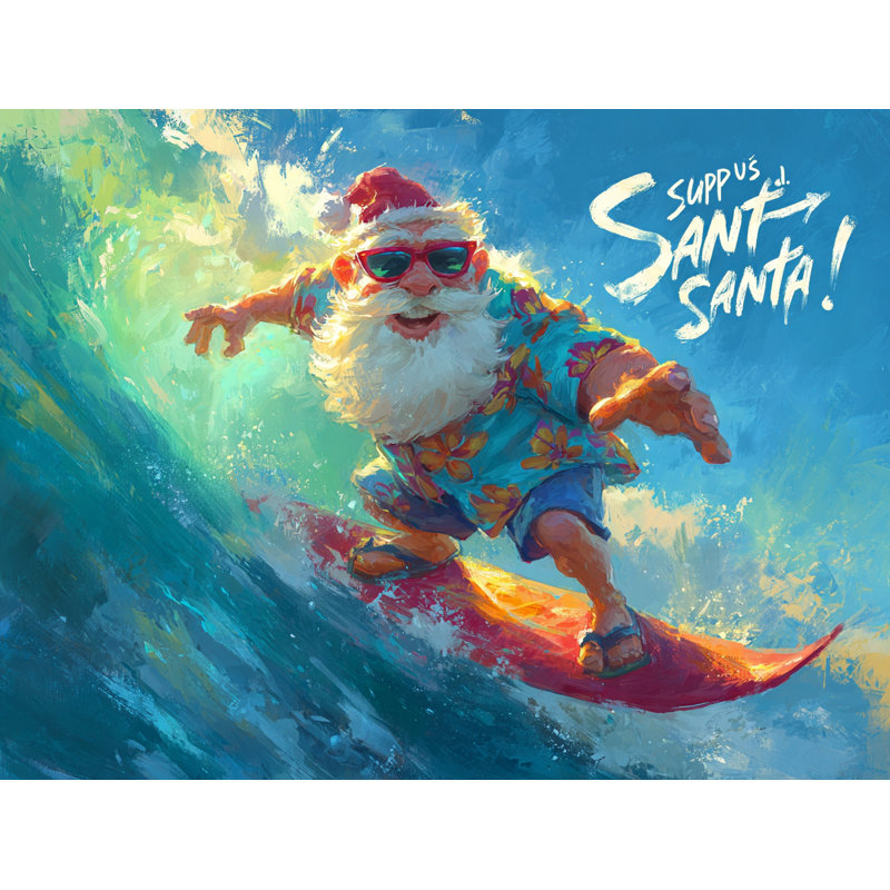 «Santa Surfing Big Wave», art mural sur toile tendue