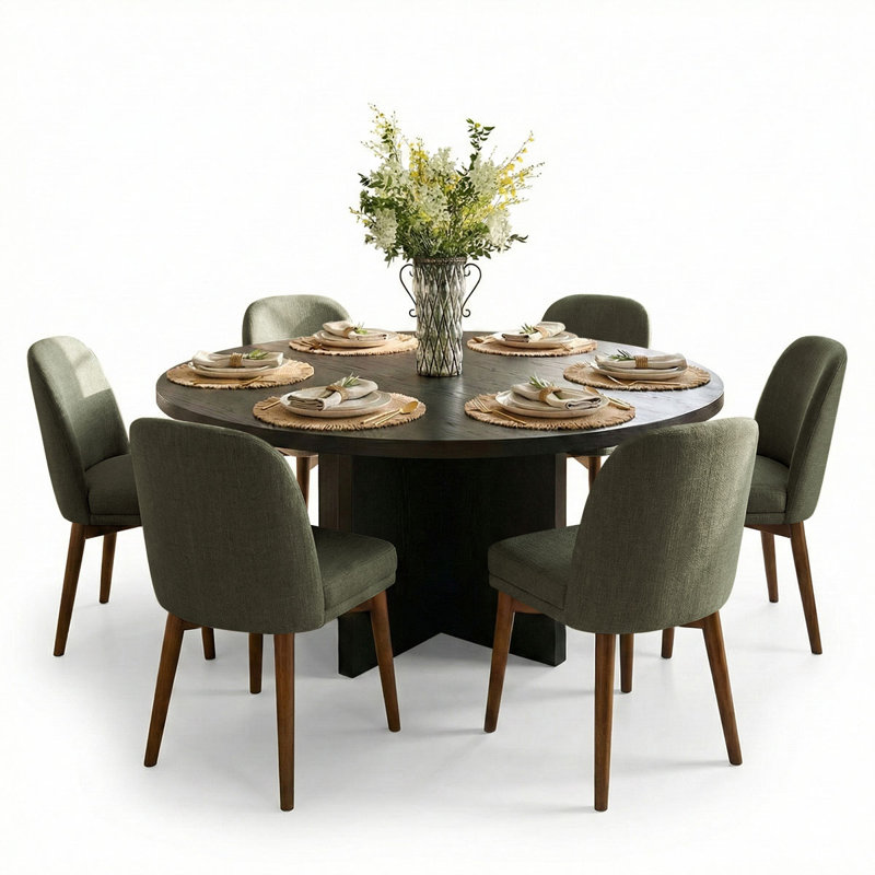 7-Piece 60" Round Dining Set With Upholstered Chairs, Green