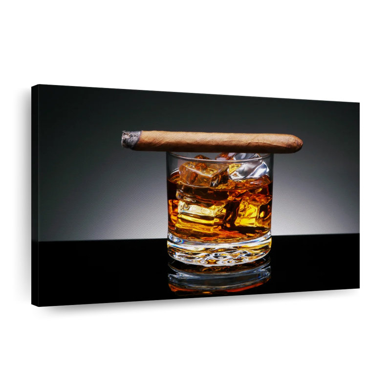 Cigare allumé sur whisky, reproduction sur toile, H 26 po x l 39 po x P 1,25 po