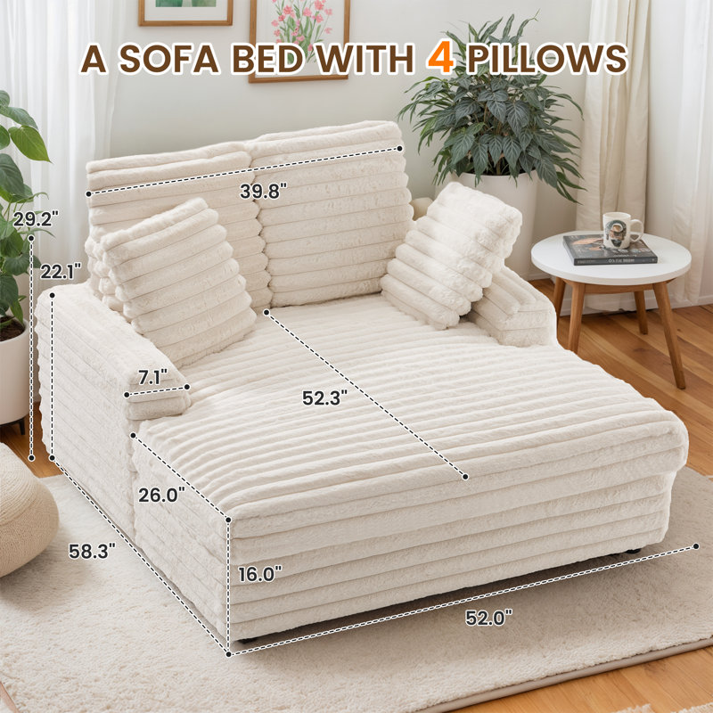 2-Person Cloud Sleeper Chaise Lounge Thick Plush Upholstered Sofa Solid Wood Frame with Metal Reinforcement(Minimal Assembly Needed)