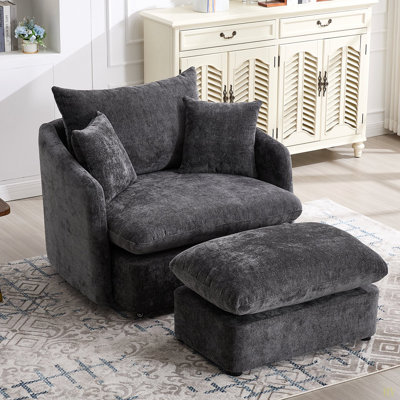Fauteuil d'appoint pivotant surdimensionné de 46,1 po avec repose-pieds pivotant, siège large de 37,8 po pour les personnes lourdes, fauteuil d'appoint avec 3 coussins de salon, chenille