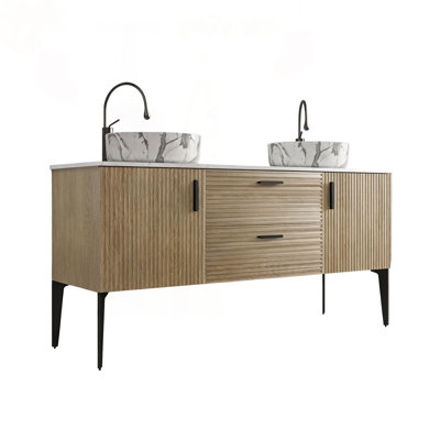60 inch Emilia Striped Natural Oak Bathroom Vanity with Ceramic Sink
