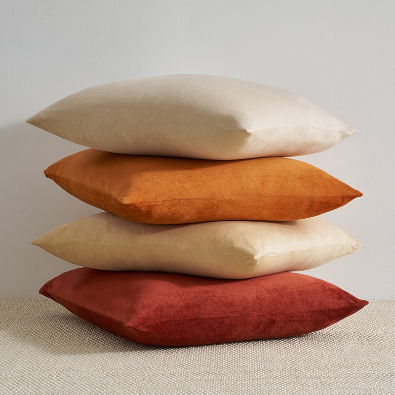 Ensemble de 4 coussins décoratifs en velours, couleurs contrastantes, Orange, blanc, Carré 16 po