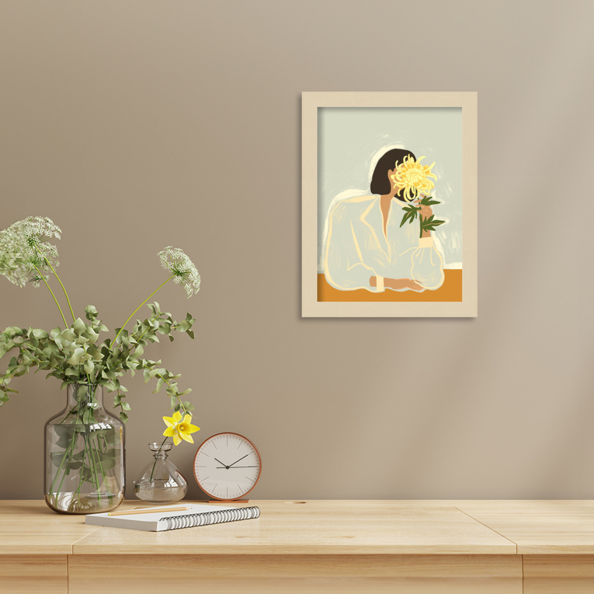 Lady With Chrysanthemum by Arty Guava Wood Framed Wall Art Print, 13" H x 10" W, Brown