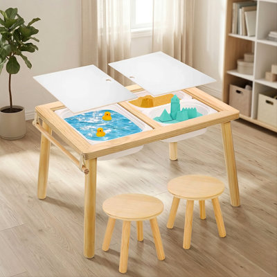 Ensemble de table de jeu et de chaise pour enfant avec 3 bacs de rangement et table roulante en bois massif Kids