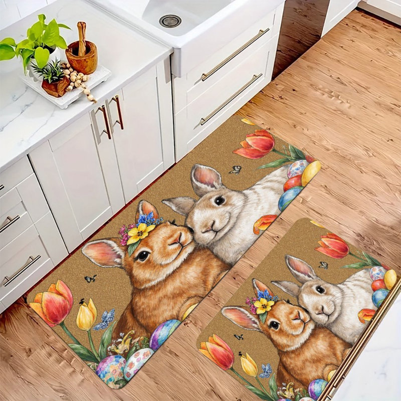 Lapins de Pâques avec tulipes, 2 tapis de cuisine antidérapants, Easter Bunnies with Tulips