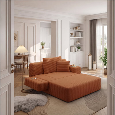 Très grand canapé-lit en velours côtelé sans cadre avec 6 coussins et poches de rangement, orange