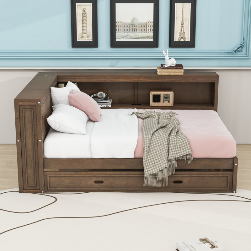 Lit de jour double en bois avec DEL, USB, tablettes de rangement et lit gigogne simple, Bois antique