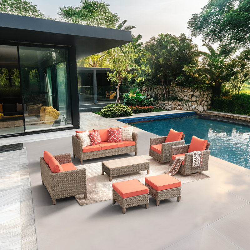 7 - Piece Outdoor Wicker Patio Conversation Furniture Set With Swivel Chairs, Orange