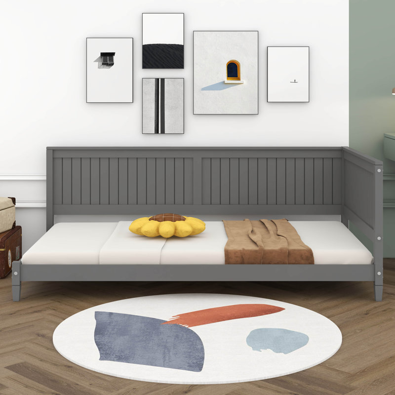 Twin Size Wood Low Daybed With Headboard And Sideboard, Wooden Sofa Bed With Slats Support For Bedroom, Living Room, Gray